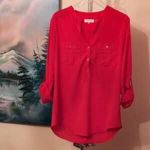 Calvin Klein Red Cuffed Sleeve Blouse with Mandarin Collar